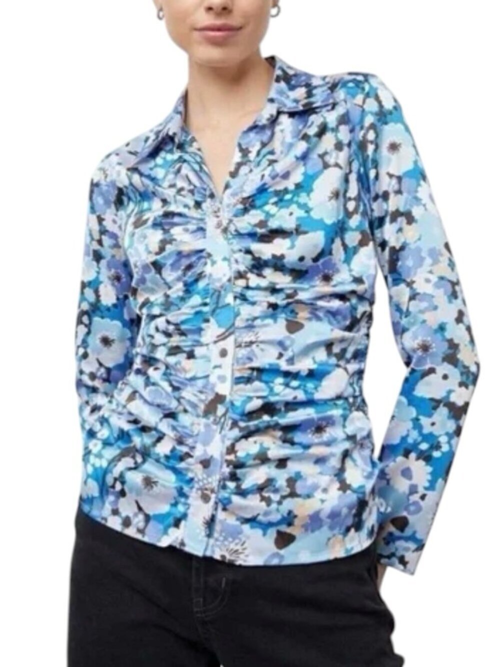 Rails Lisa Top XS Zinnia Blue Floral Collar Ruched Button Front NWT $218